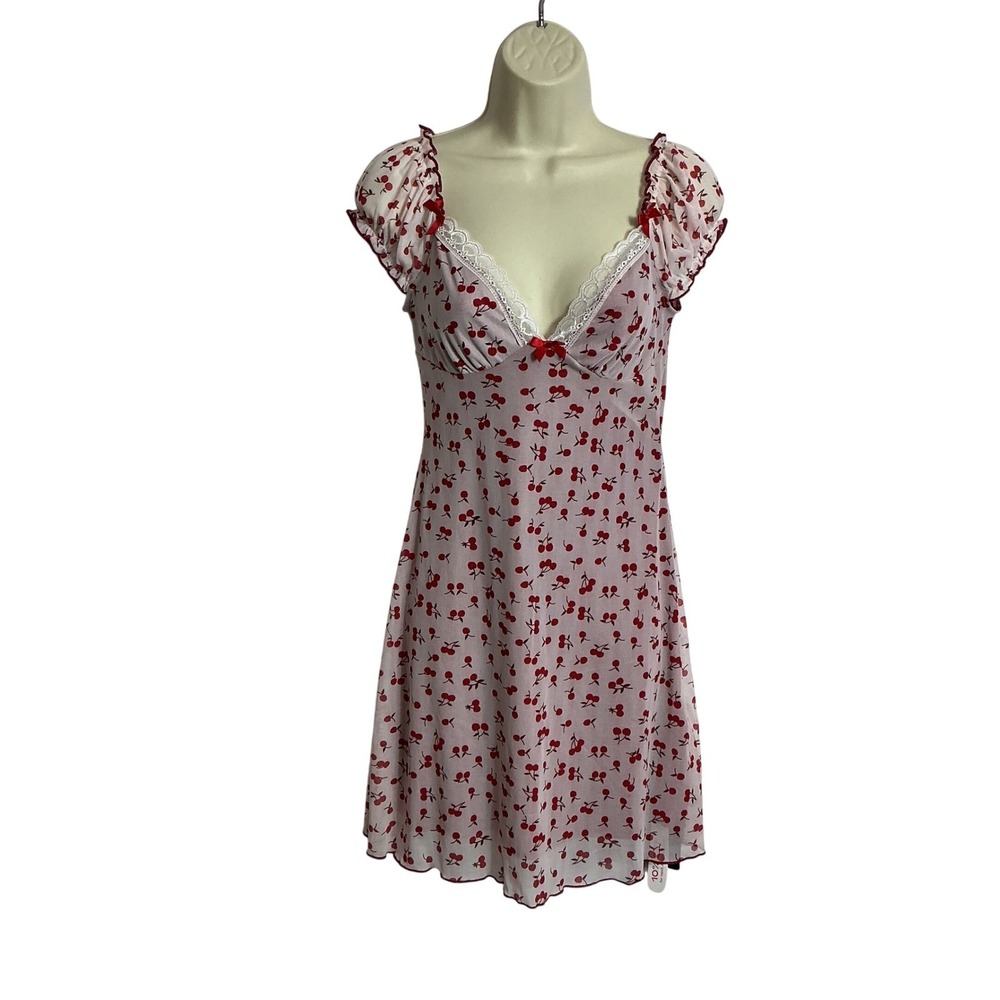 Cherry Print Babydoll Puff Sleeve Mini Dress Pink Red‎ Lace Trim Coquette XS NEW